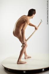 Nude Fighting with spear Man White Slim Short Brown Realistic